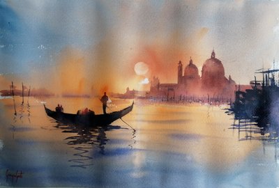 ヴェネツィアの夕暮れ時のゴンドラ 作： Giorgio Gosti