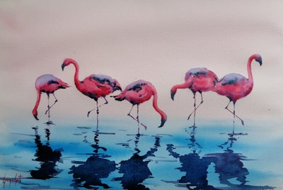 水辺を歩くピンクのフラミンゴ 作： 