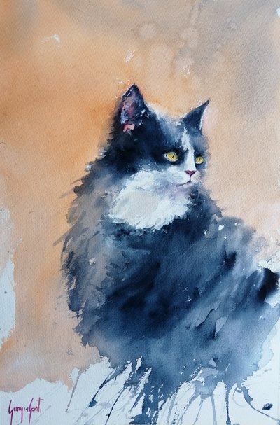 警戒する水彩画の猫 作： 