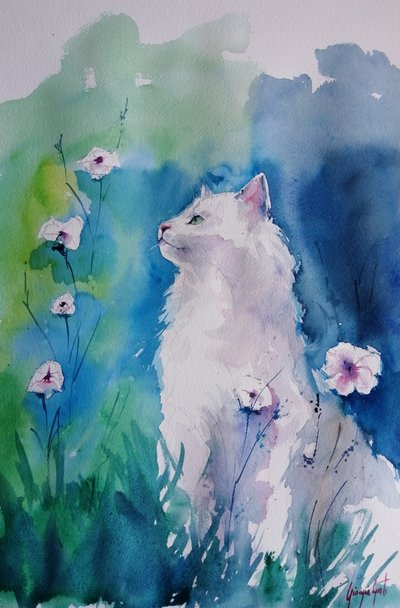 花咲く白い猫 作： 