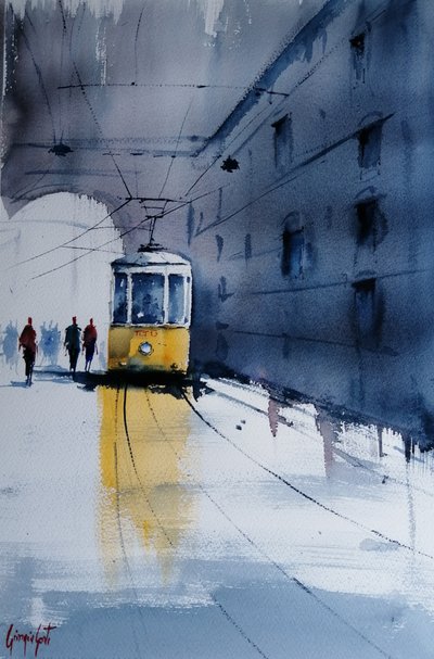 黄色い路面電車、雨の街 作： 