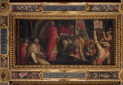 クレメンス4世は彼の記章をグエルフパートの船長に渡します 作： Giorgio Vasari