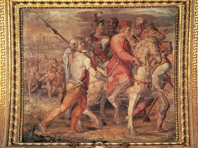 亡命するコジモ1世、ジョルジョ・ヴァザーリ（1511-1574）によるフレスコ画。フィレンツェ、ヴェッキオ宮殿、チンクエチェントの広間。イタリア 作： Giorgio Vasari