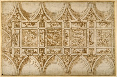 コルトーナのイエズス会大学の食堂の天井のデザイン（ペン・茶インク・薄茶のウォッシュ 作： Giorgio Vasari