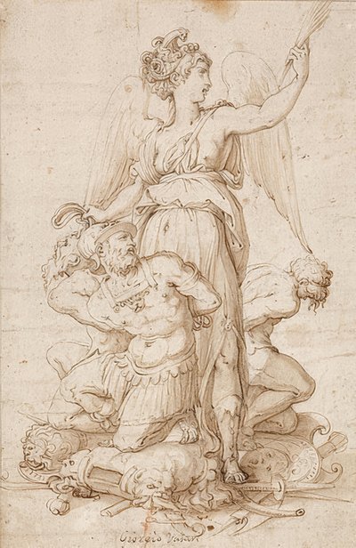 ヤシの枝とトロフィーにひざまずく3人の囚人がいるビクトリア州の翼。 1540年頃 作： Giorgio Vasari