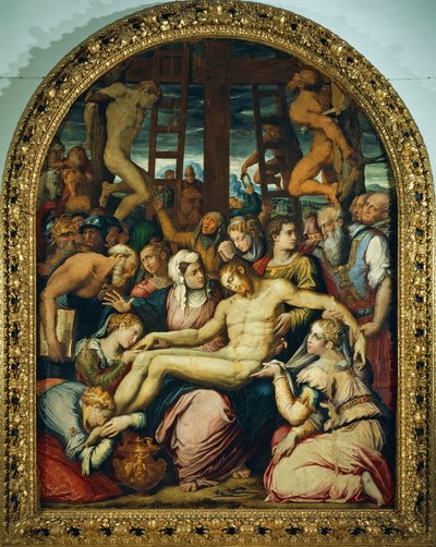 ジョルジョ・ヴァザーリ（1511-1574）作「十字架から降ろされたキリストの死を悼む嘆き」、パネルに油彩、295x222cm。 作： Giorgio Vasari
