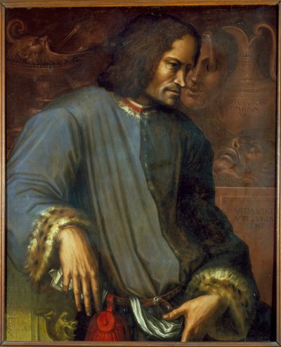 ローラン・デ・メディチ（1449 - 1492）（Laurent the Magnifico: Lorenzo the Magnificent）。ジョルジョ・ヴァザーリ（1511-1574）の絵画。ウフィツィ美術館。フローレンスです。 作： Giorgio Vasari