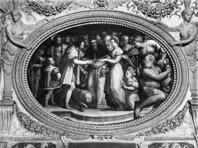 教皇クレメンス7世（1478〜1534年）、カトリーヌドメディチ（1519〜1589年）とフランスのアンリ2世（1519〜59年）と1533年10月28日、サラディクレメンテ7世（135388も参照）から結婚 作： Giorgio Vasari