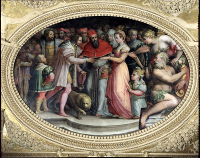 1533年10月28日、フランスのカトリーヌドメディチとアンリ2世と結婚した教皇クレメンス7世、「クレメンテ7世のサラ」から 作： Giorgio Vasari