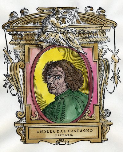 画家アンドレア・デル・カスターニョ (c. 1410 - 1457) の肖像画。 ジョルジョ・ヴァザーリによる画家と彫刻家の伝記のコレクション。 作： Giorgio Vasari