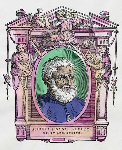 イタリアの彫刻家・建築家、アンドレア・ピサーノ（1290-1349）の肖像。ジョルジョ・ヴァザーリの『最も優れた画家、彫刻家、建築家の生活』（Le Vite de