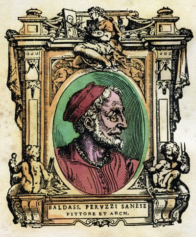 Baldassarre Peruzzi (1481-1536) シエナの建築家・画家 ジョルジョ・ヴァザーリ（1511-1574）の『生活』からのエングレーヴィング 1568年 ©Fototeca Gilardi/Leemage 作： Giorgio Vasari