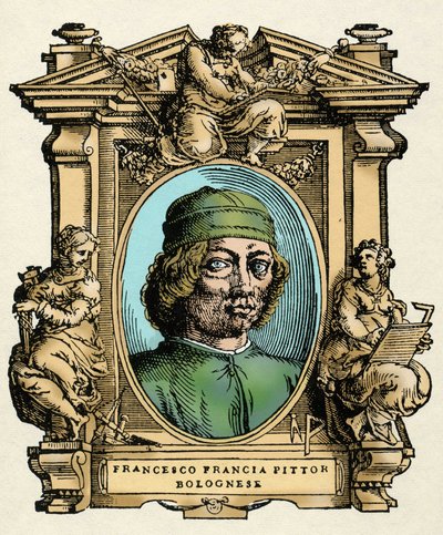 フランチェスコ・フランシア（1450-1517）の肖像。ジョルジョ・ヴァザーリの『最も優れた画家、彫刻家、建築家の生活』のエングレーヴィング（Le Vite de