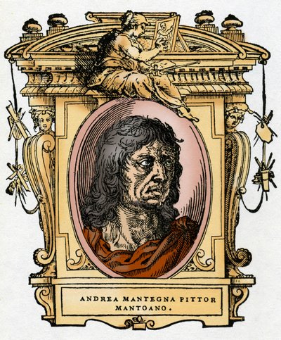 画家アンドレア・マンテーニャ（1431-1506）の肖像 ジョルジョ・ヴァザーリの『画家の生涯』からのキシログラフィー。 作： Giorgio Vasari