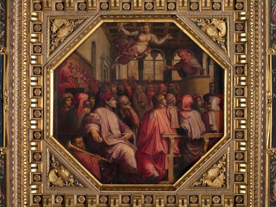 ドゥエチェント広場でのアントニオ・ジャコミニによる対ピサ戦の演説 作： Giorgio Vasari
