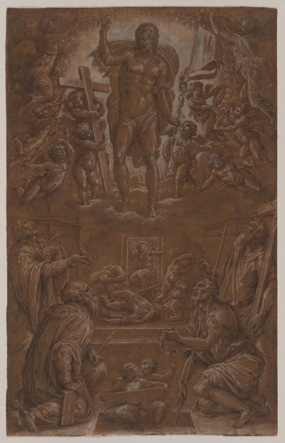 聖人と天使によって崇拝された復活したキリスト、1566-1568年。 作： Giorgio Vasari