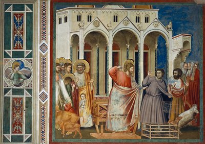 神殿からの商人の追放、ジョット作「キリストの生涯と受難」より詳細 作： Giotto (c.1266 1337)