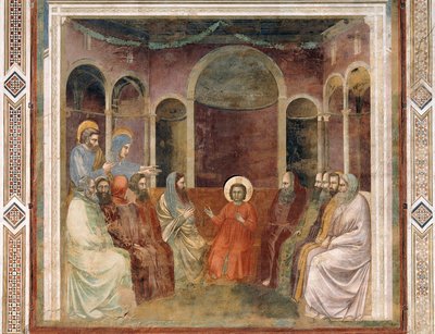 医者に囲まれて神殿にいるイエス（ジョット作『キリストの生涯と受難』より詳細 作： Giotto (c.1266 1337)