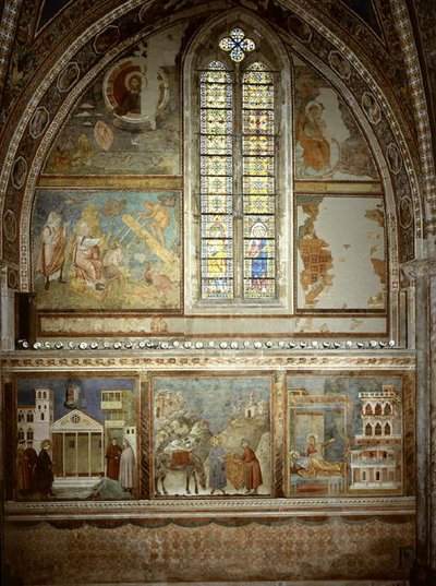Scenes from the Life of St.Francis:簡素な男が聖フランシスコを称える；聖フランシスコがコートを貧しい騎士に与える；聖フランシスコが夢の中で見た武器でいっぱいの宮殿 作： Giotto (c.1266 1337)