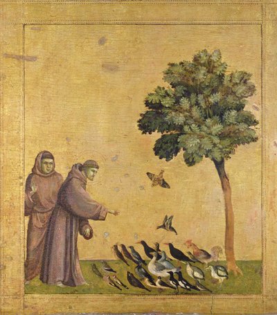 鳥に説教するアッシジの聖フランシス（パネルに油彩） 作： Giotto (c.1266 1337)