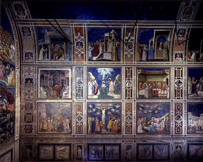 聖母の生涯」と「キリストの生涯」の場面を描いた北壁の眺め、1305年頃（フレスコ画） 作： Giotto (c.1266 1337)