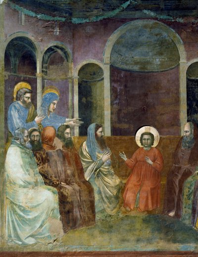 医者に囲まれて神殿にいるイエス（ジョット作『キリストの生涯と受難』より詳細 作： Giotto (c.1266 1337)