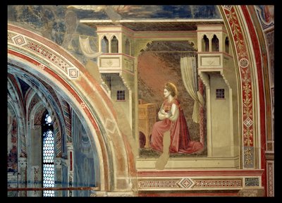 受胎告知、跪く聖母の詳細、祭壇上のルネットより、1305年頃（フレスコ画 作： Giotto (c.1266 1337)