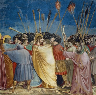 キリストの裏切り、接吻の詳細、1305年頃（フレスコ画 作： Giotto (c.1266 1337)