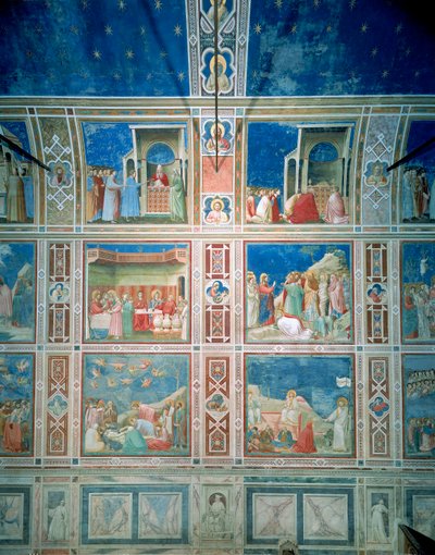 左壁に描かれたフレスコ画の眺め 1303-05年頃（フレスコ画）（修復後 作： Giotto (c.1266 1337)