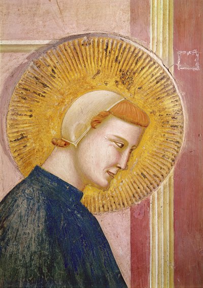 単純な男から名誉を与えられた聖フランシス、聖フランシスの頭の詳細、c.1297-99 作： Giotto di Bondone