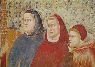 聖フランシスコが教皇オノリウス3世に説教を説く、右側の3人の高位聖職者の詳細、c.1297-99 作： Giotto di Bondone