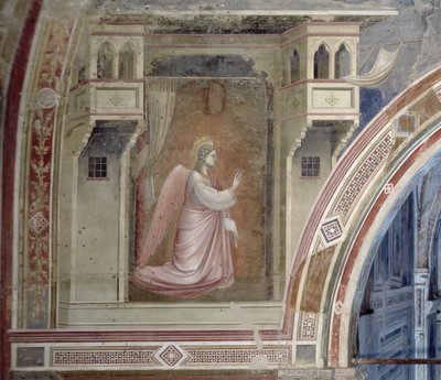受胎告知、祭壇の上のルネットからの天使ガブリエルの詳細、c.1305フレスコ画 作： Giotto di Bondone