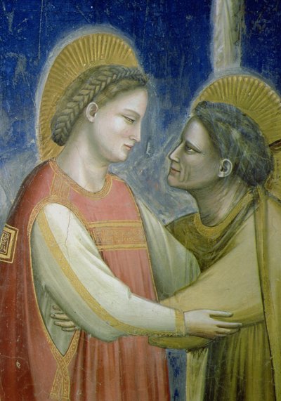 訪問、聖エリザベスを抱く聖母の詳細、102753年頃のフレスコ画の詳細 作： Giotto di Bondone