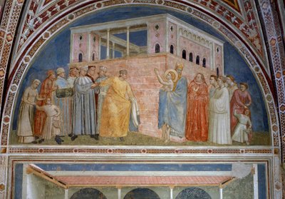 1320年頃、バルディ礼拝堂から彼の世俗的な品物を放棄した聖フランシス 作： Giotto di Bondone
