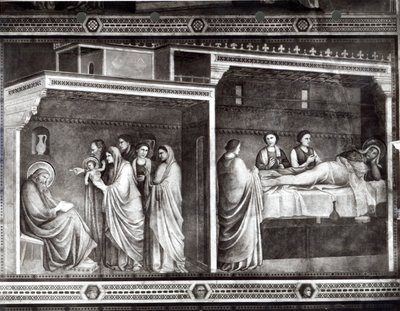洗礼者聖ヨハネの誕生と彼の父ザカリアが彼の名前を書いている 作： Giotto di Bondone