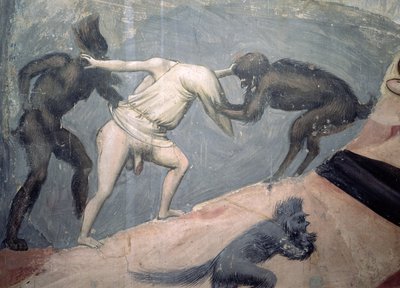 最後の審判：地獄、2人の悪魔によってとられたのろわれた1人の詳細c.1303-05 作： Giotto di Bondone
