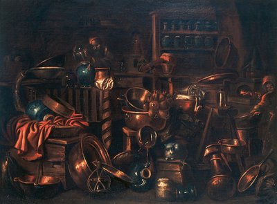 錬金術師の実験室」ジャン・ドメニコ・ヴァレンティーノ（1630-1708）の絵画、イタリア 作： Giovan Domenico Valentino
