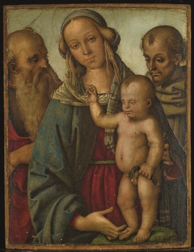 聖母子と聖ジェローム、聖フランシスコ（油彩・パネル） 作： Giovan Maria di Bartolomeo Bacci di (1450 1510) Belforte