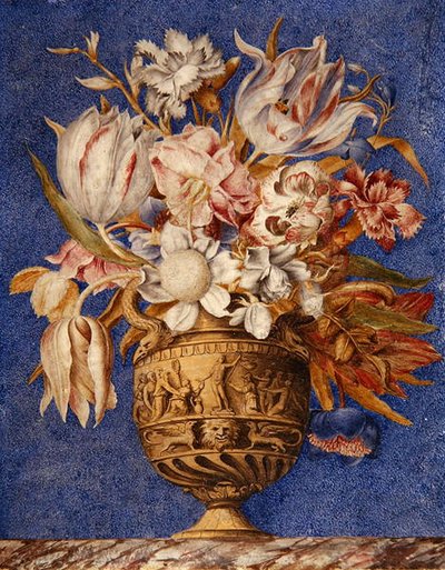 大理石の台座の上に置かれた花瓶の花（水彩、ガッシュ、金、ベラム 作： Giovanna Garzoni