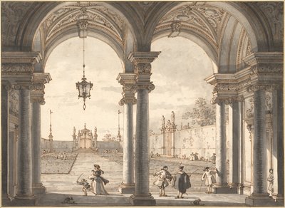バロック様式の列柱から庭園への眺め、1760年〜1768年 作： Giovanni Antonio Canal