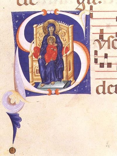 Ms 562 f.16r 14世紀初頭のサン・ヤコポ・ディ・リーポリ修道院のグラデーションから、安置された聖母子を描いたヒストリカルなイニシャル「S 作： Giovanni (follower of) Cimabue