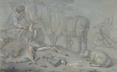 風景の中の死んだ獲物を持つハンター、1600-1800。 作： Giovanni Agostino Cassana