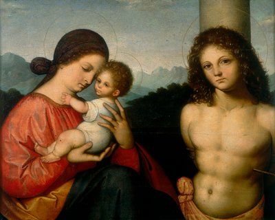 聖母子と聖セバスチャン 作： Giovanni Agostino da Lodi