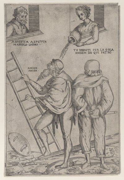 はしごを登る男性、上から水をかけられる女性、1575-99年。 作： Giovanni Ambrogio Brambilla