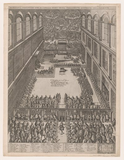 ローマの素晴らしさの鏡: システィーナ礼拝堂での教皇の集会、ミケランジェロの L...、1582 年。 作： Giovanni Ambrogio Brambilla