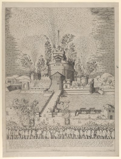ローマのサンタンジェロ城の「ジランドラ」と呼ばれる花火大会、夜行性...、1579年。 作： Giovanni Ambrogio Brambilla