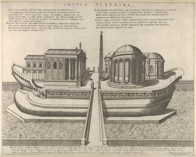 船として表現されたテベレ島の眺め、左にアスクレピオス神殿、1582., 1582. 作： Giovanni Ambrogio Brambilla