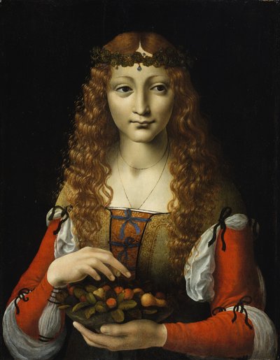 さくらんぼの少女、c.1491-95（木の油） 作： Giovanni Ambrogio de (attr. to) Predis