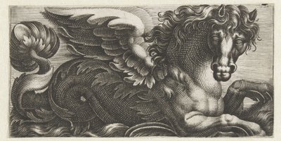 翼のあるタツノオトシゴ、尾に葉のつぼみ 海の怪物とフリーズ (シリーズ タイトル) 作： Giovanni Andrea Maglioli