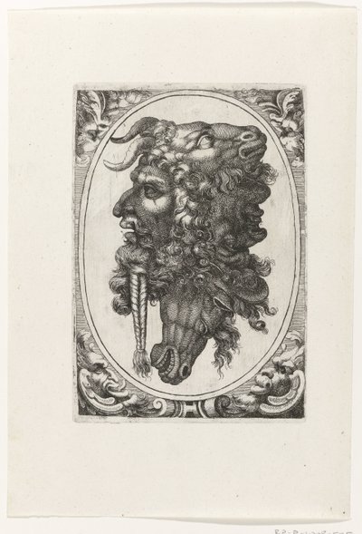 馬の頭とヤギの頭の 2 つの顔の構成 作： Giovanni Andrea Maglioli